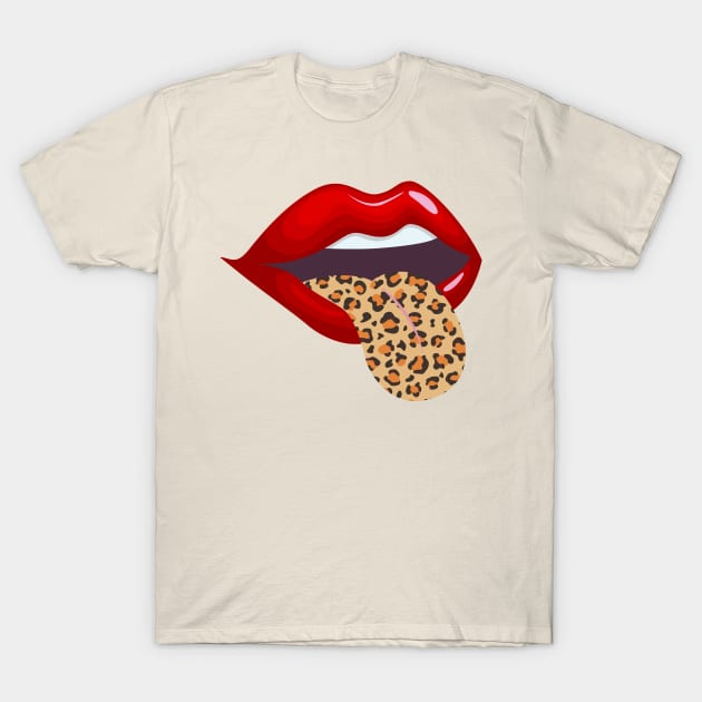 Red Lips Leopard Tongue T-Shirt by Bernards